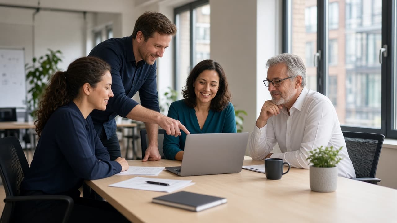 A small team in a bright office reviewing a hire together.