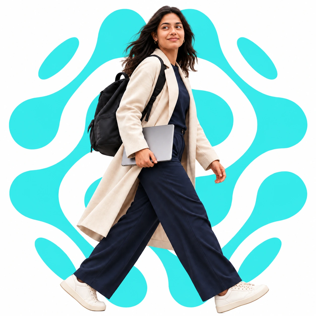 A professional walking forward with a laptop and backpack