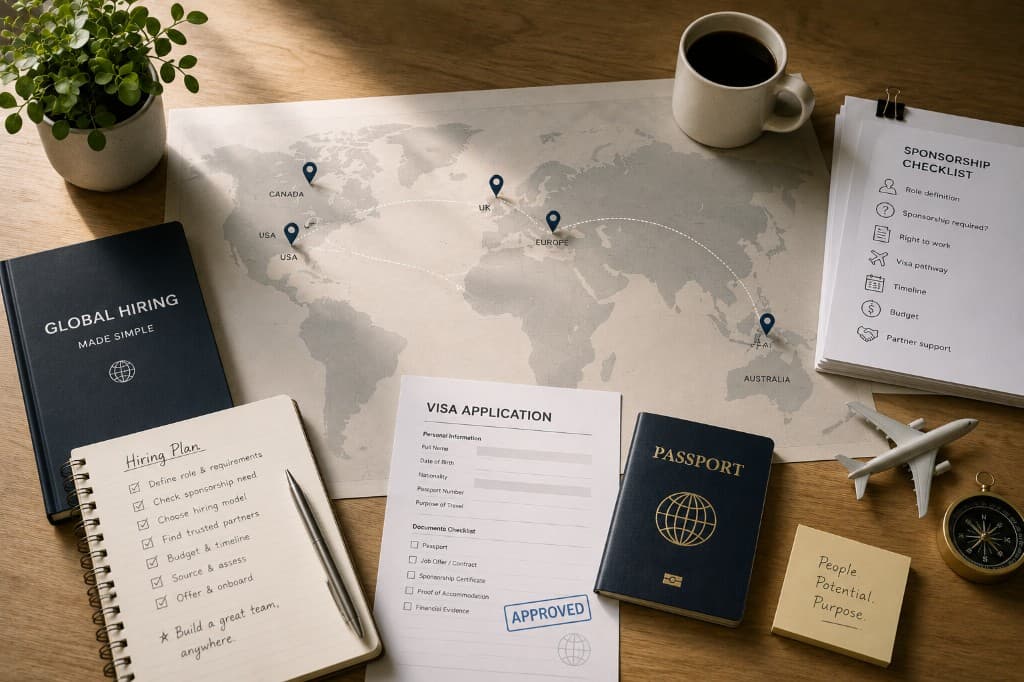 International hiring plan with destination map, sponsorship checklist, and visa paperwork on a desk