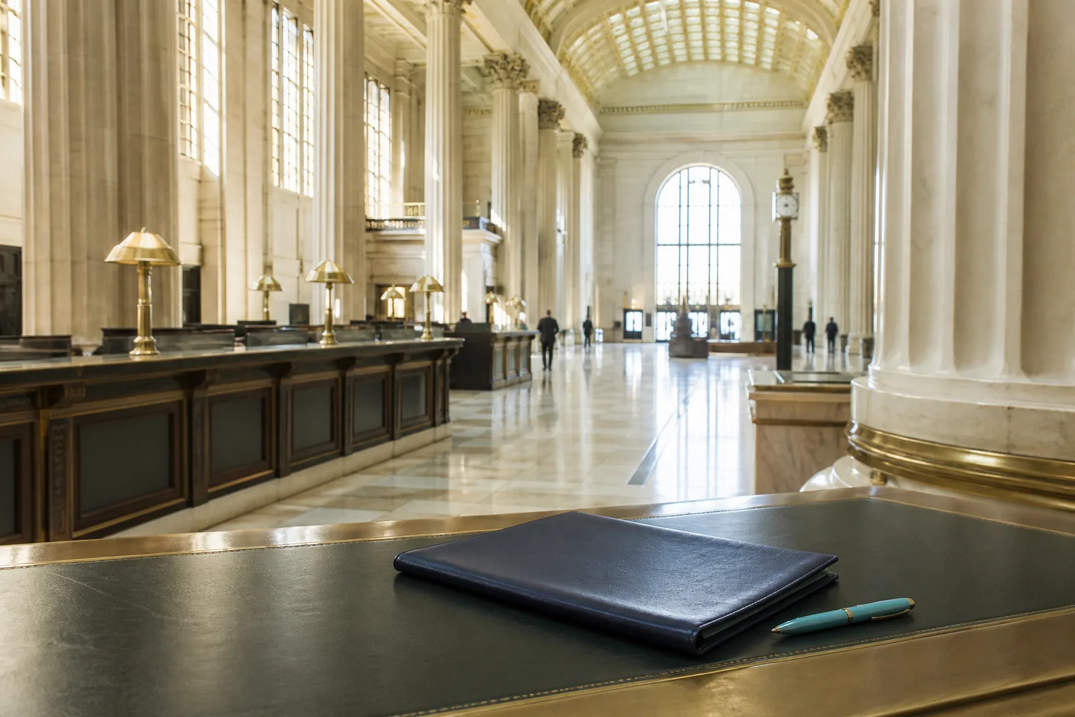 A navy folder and cyan pen on a desk in a sunlit classical bank hall