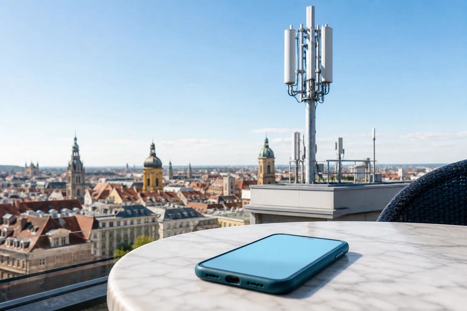 A phone on a sunlit cafe table with a 5G mast and a city skyline beyond