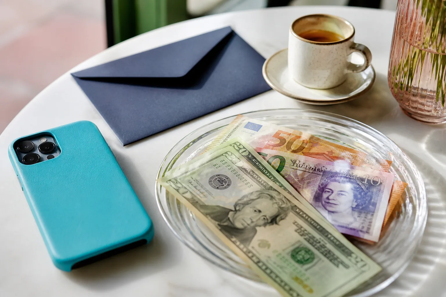 A cyan phone case, mixed banknotes, and a navy envelope on a cafe table