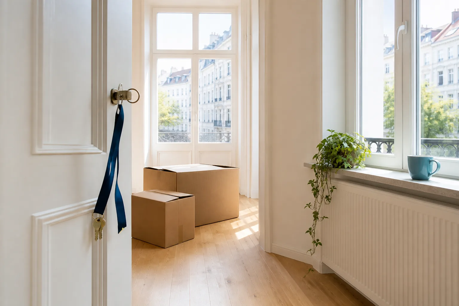 Keys on a navy ribbon in an open apartment door, with moving boxes and a city window